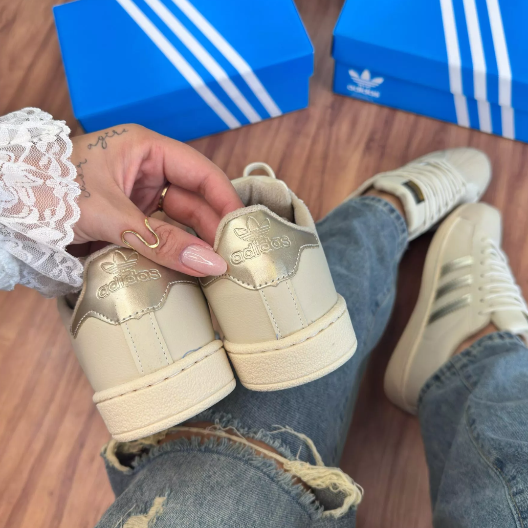 Tênis Adidas Super Star Off White Ouro