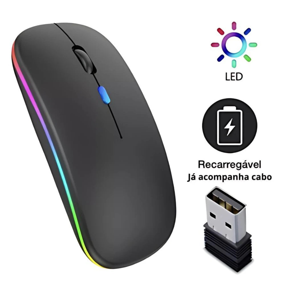 Mouse Sem Fio Recarregável com Iluminação RGB