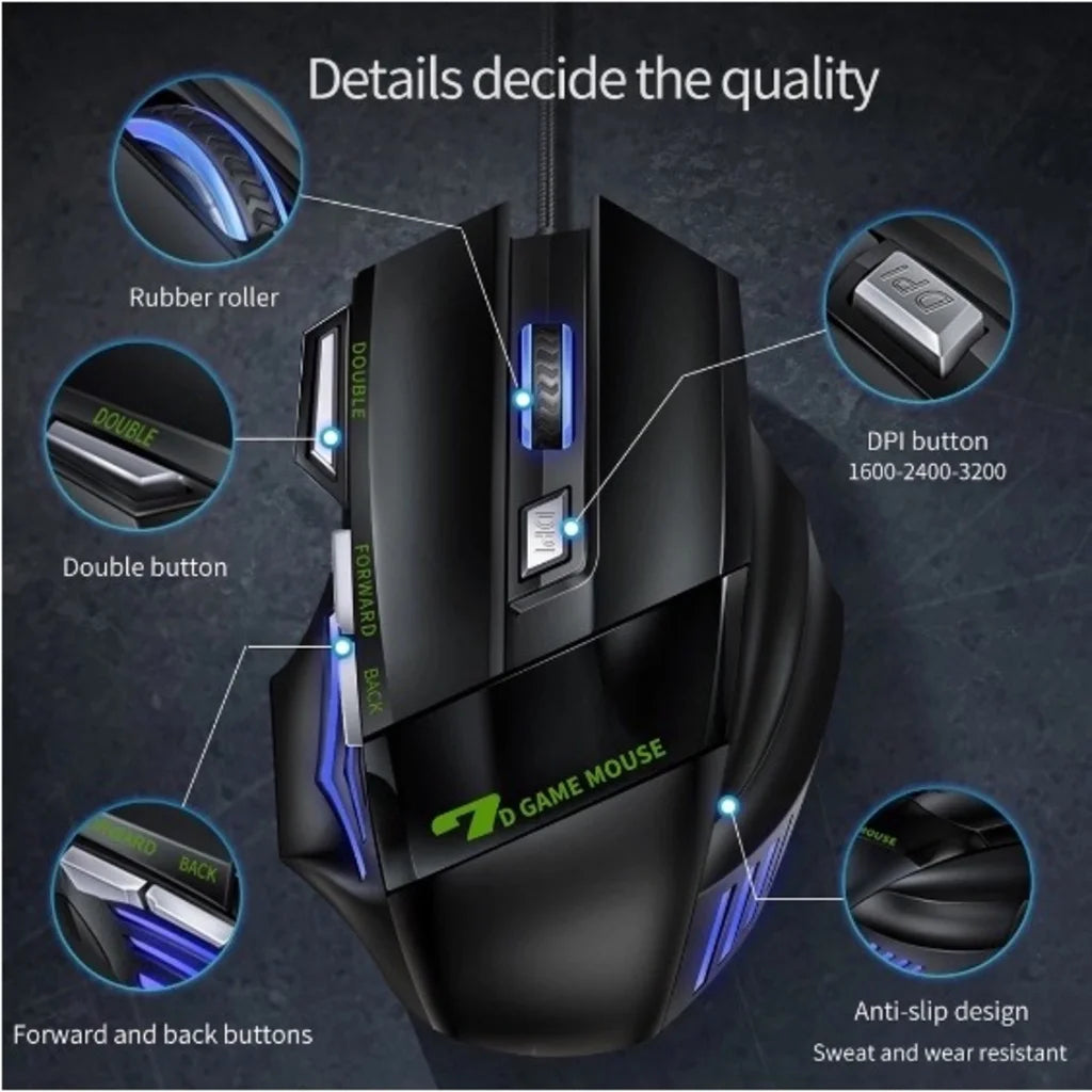 Mouse Gamer com Fio X7 – LED RGB, 3200 DPI, 7 Botões Programáveis, USB