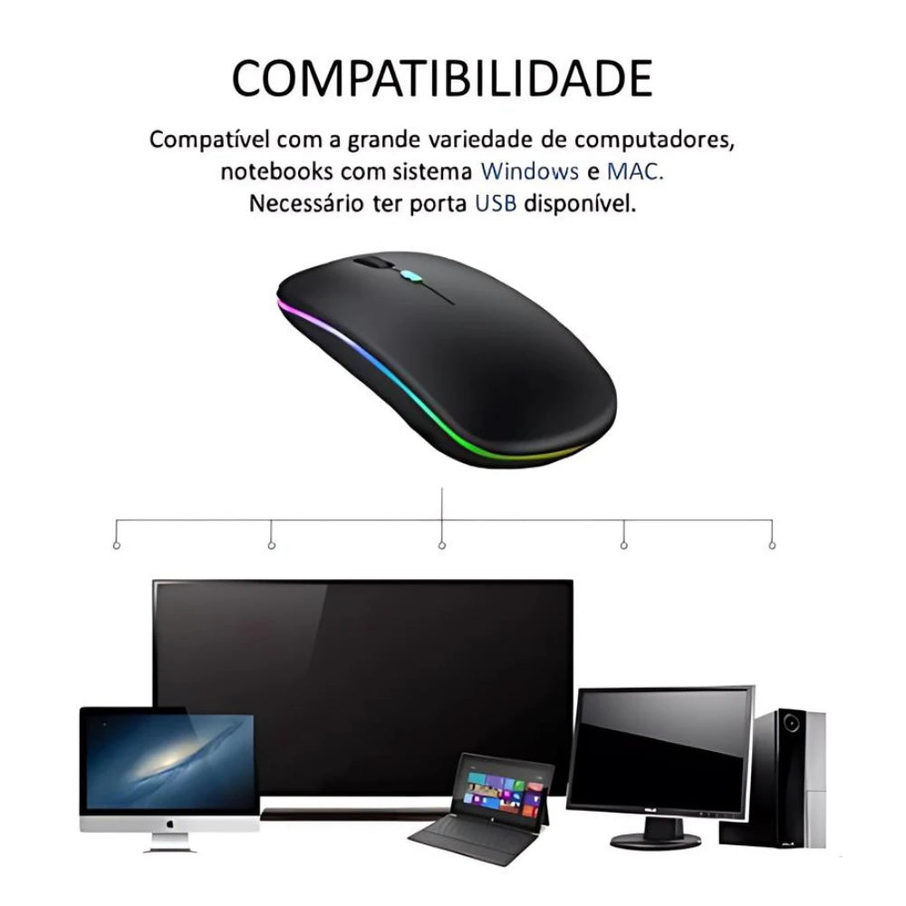 Mouse Sem Fio Recarregável com Iluminação RGB