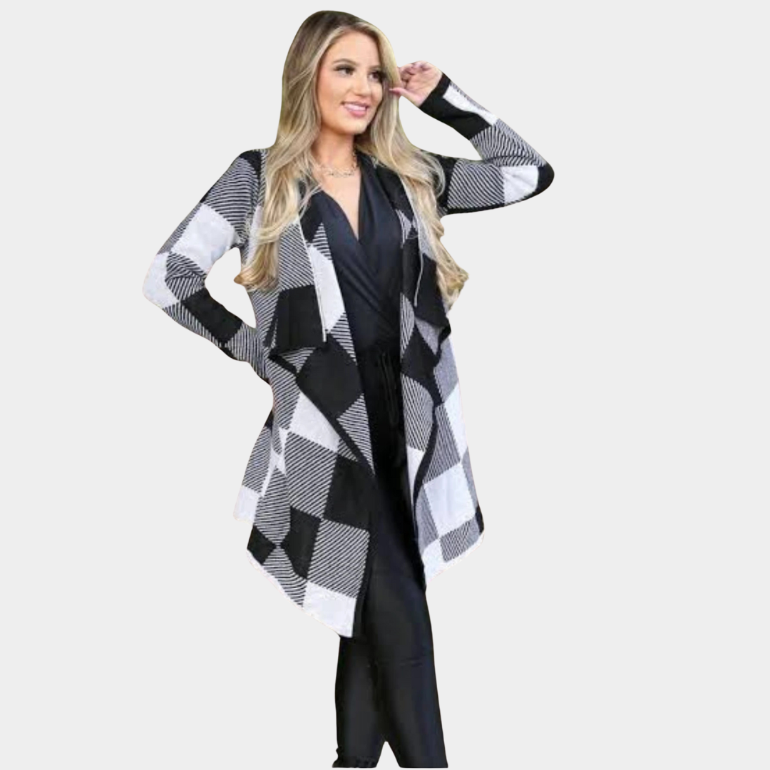 Casaco Feminino Estilo Sobretudo em Tricot Grosso com Estampa Xadrez