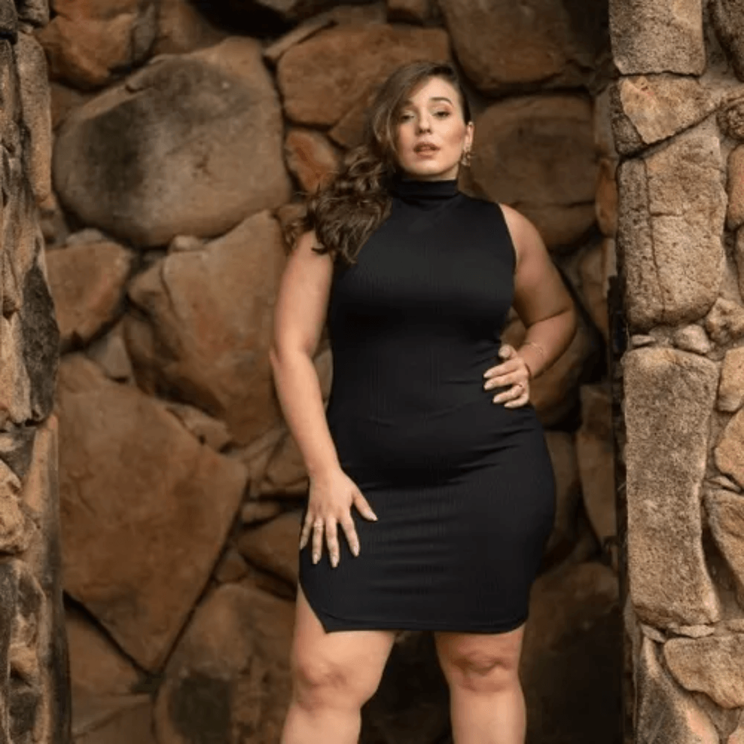 Vestido Ribana Plus Size Gola Alta Moda Feminina Ousada Tendência