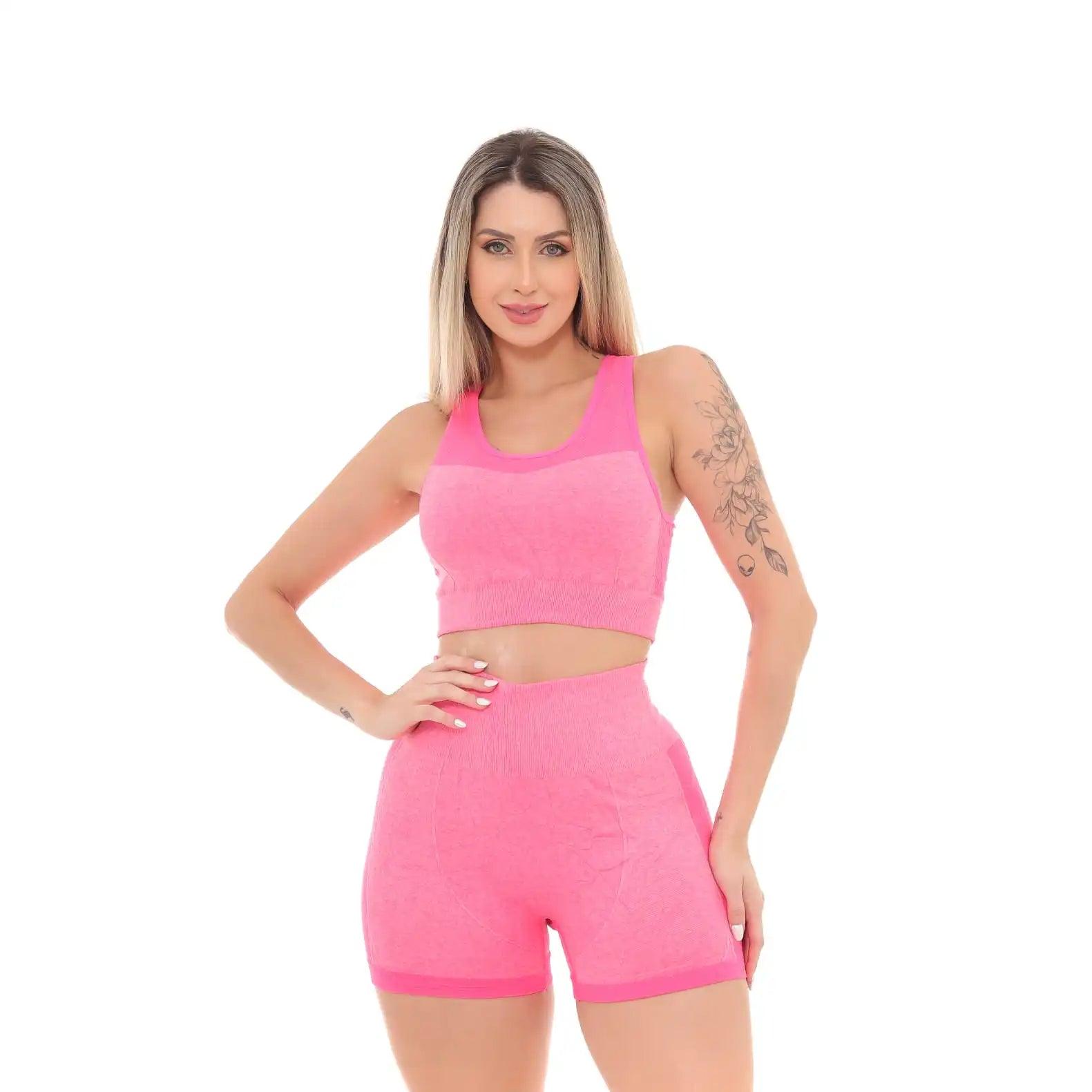 Conjunto Fitness Top e Bermuda Cintura Alta Rosa