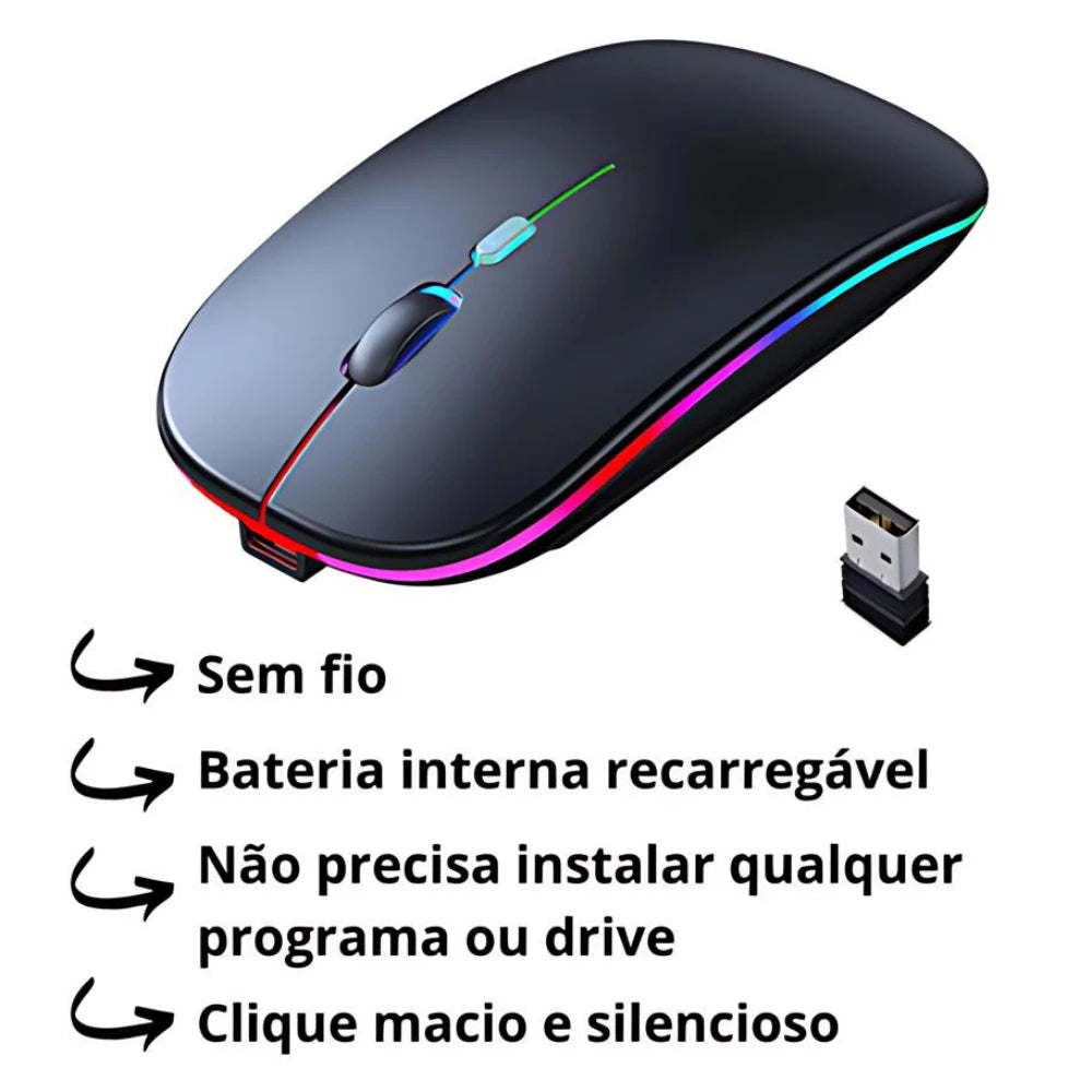 Mouse Sem Fio Recarregável com Iluminação RGB