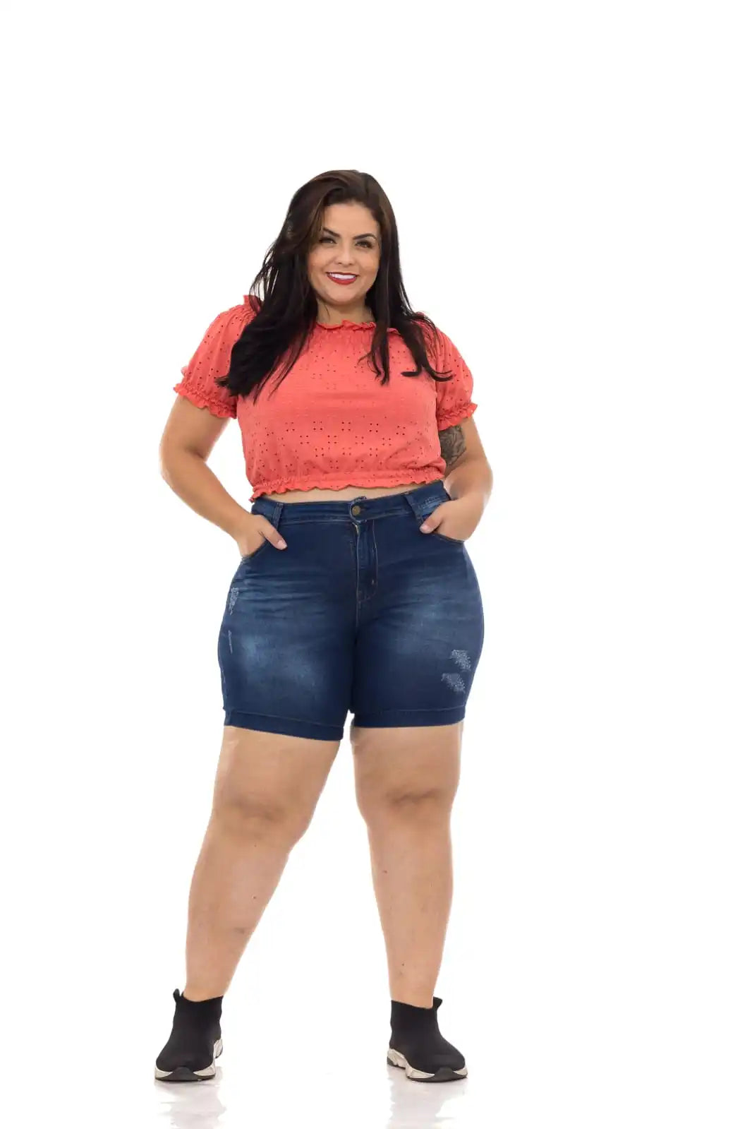 Bermuda Jeans Feminina Plus Size Cintura Alta Azul Escuro