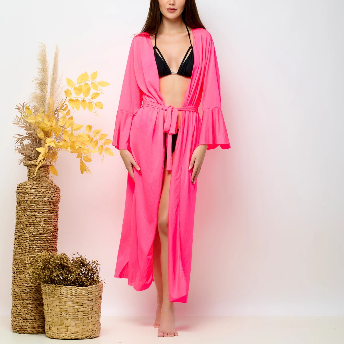 Kimono Feminino Longo de Manga Longa para Praia com Amarração