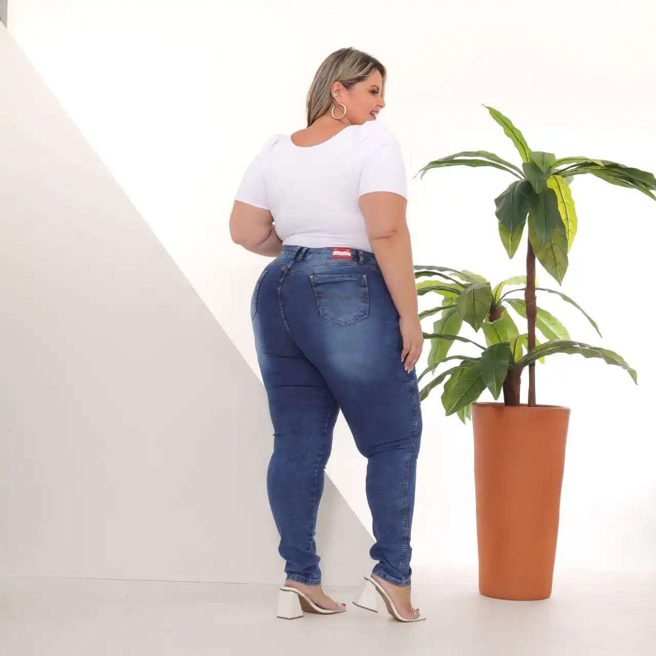 Calça Jeans Skinny Azul Escuro Feminina Plus Size