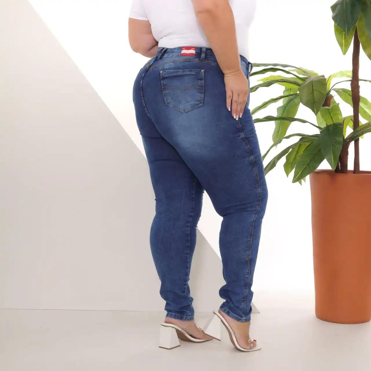 Calça Jeans Skinny Azul Escuro Feminina Plus Size