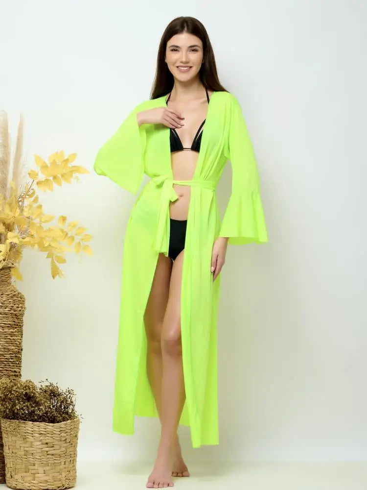 Kimono Feminino Longo de Manga Longa para Praia com Amarração