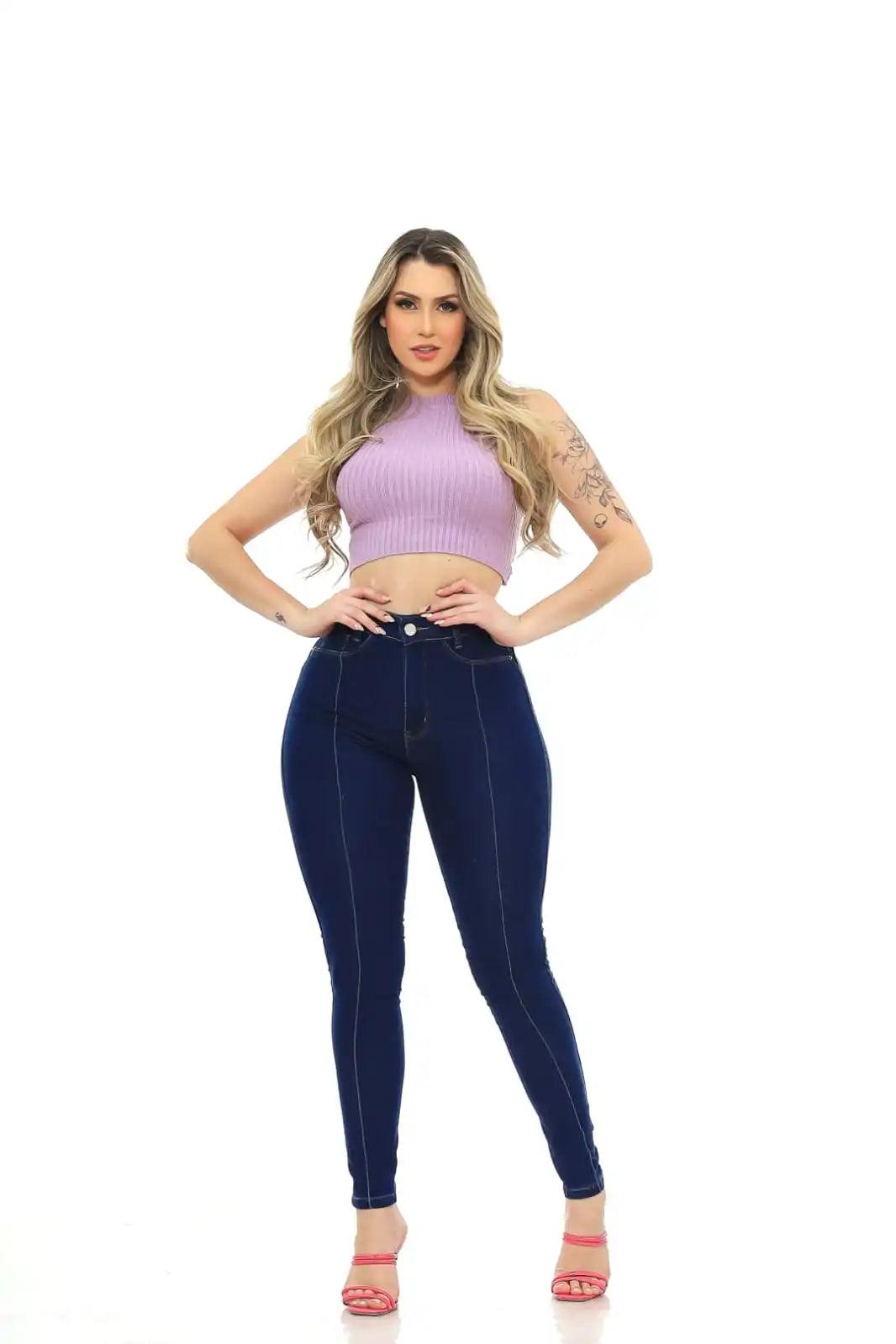 Calça Jeans Feminina Skinny Azul com Nervuras - Milaa