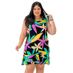 Vestido Plus Size Sem Manga com Laço na Cintura e Babado