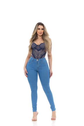 Calça Jeans Skinny Azul Claro Délavé com Cintura Alta - Milaa