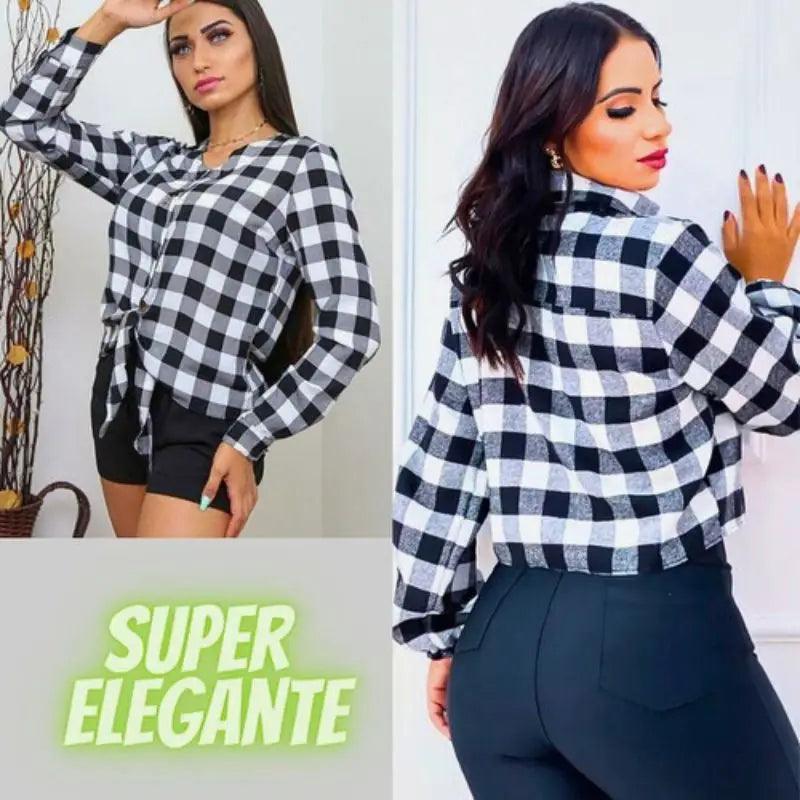 Blusa Feminina Xadrez Manga Longa com Elástico no Punho e Detalhe em Laço