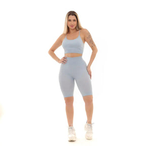 Conjunto Fitness Feminino - Top e Bermuda Azul Claro