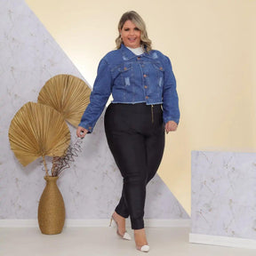 Jaqueta Jeans Feminina Plus Size Azul Escura