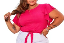 Blusa Cropped Feminina Plus Size com Mangas Bufantes e Amarração Frontal