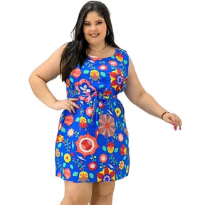 Vestido Plus Size Sem Manga com Laço na Cintura e Babado