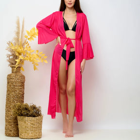 Kimono Feminino Longo de Manga Longa para Praia com Amarração