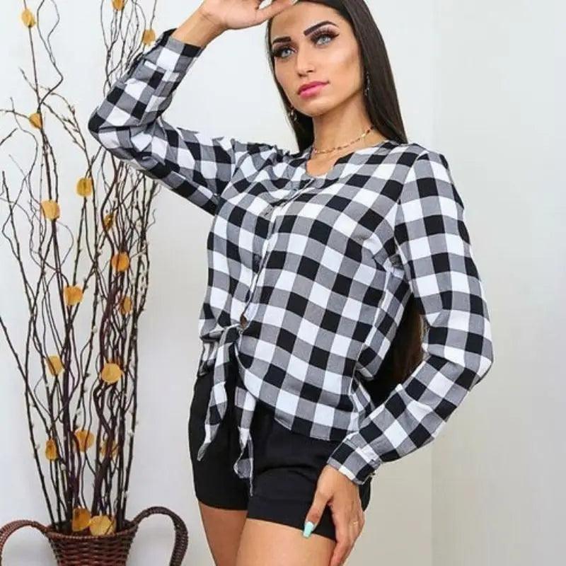 Blusa Feminina Xadrez Manga Longa com Elástico no Punho e Detalhe em Laço