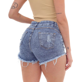 Shorts Jeans Feminino Azul Marmorizado com Puídos e Barra Desfiada