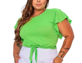 Blusa Cropped Feminina Plus Size com Mangas Bufantes e Amarração Frontal