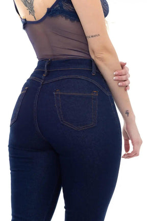 Calça Jeans Feminina Skinny Azul Escuro Cintura Alta Básico