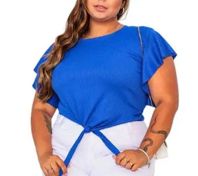 Blusa Cropped Feminina Plus Size com Mangas Bufantes e Amarração Frontal