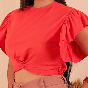 Blusa Cropped Interligada com Mangas Curtas