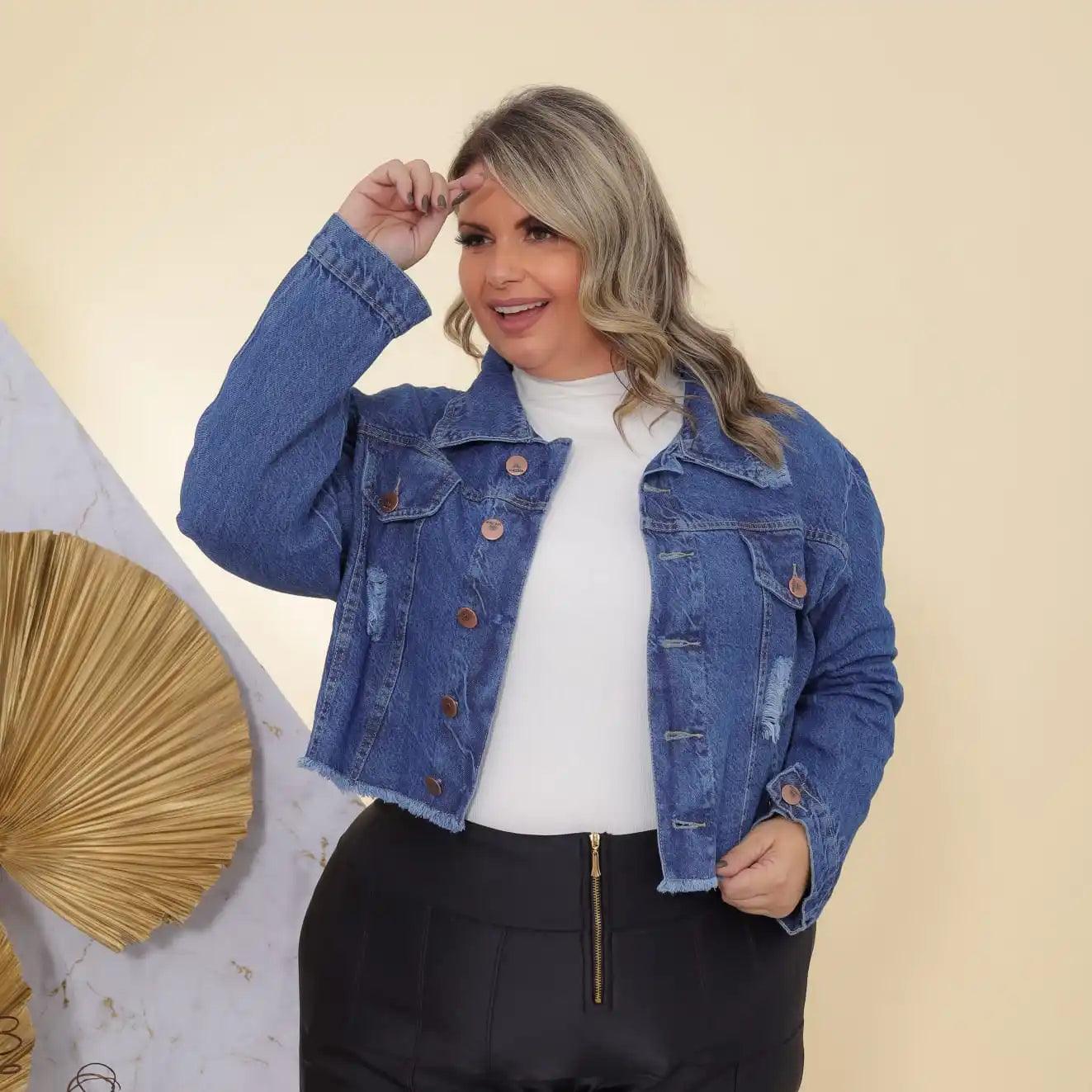 Jaqueta Jeans Feminina Plus Size Azul Escura