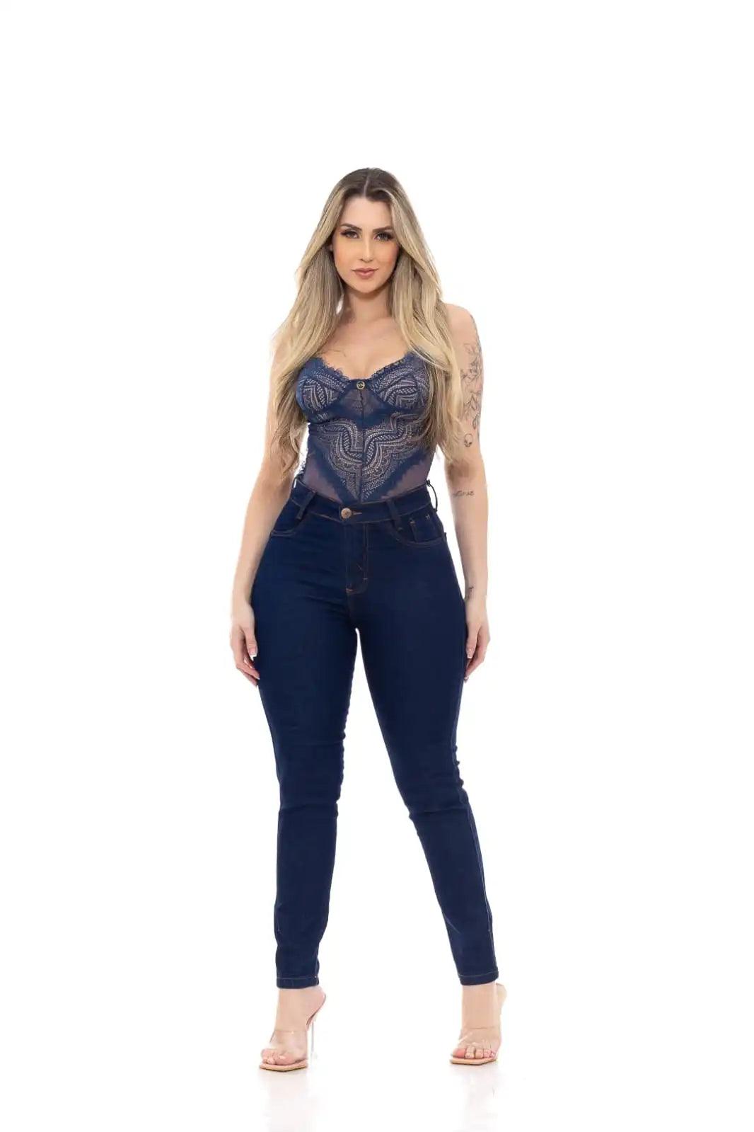 Calça Jeans Feminina Skinny Azul Escuro Cintura Alta Básico