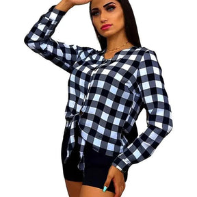 Blusa Feminina Xadrez Manga Longa com Elástico no Punho e Detalhe em Laço