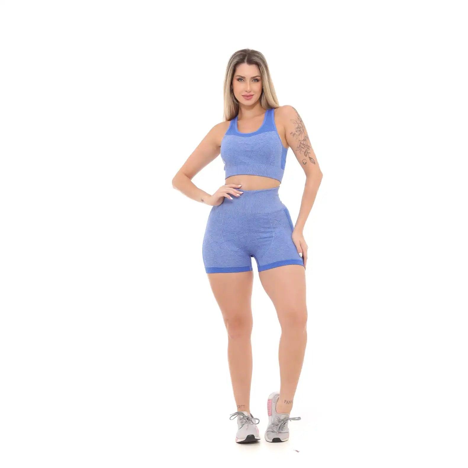 Conjunto Fitness Top e Bermuda Cintura Alta Azul Royal