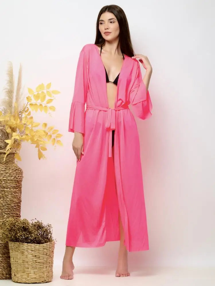 Kimono Feminino Longo de Manga Longa para Praia com Amarração