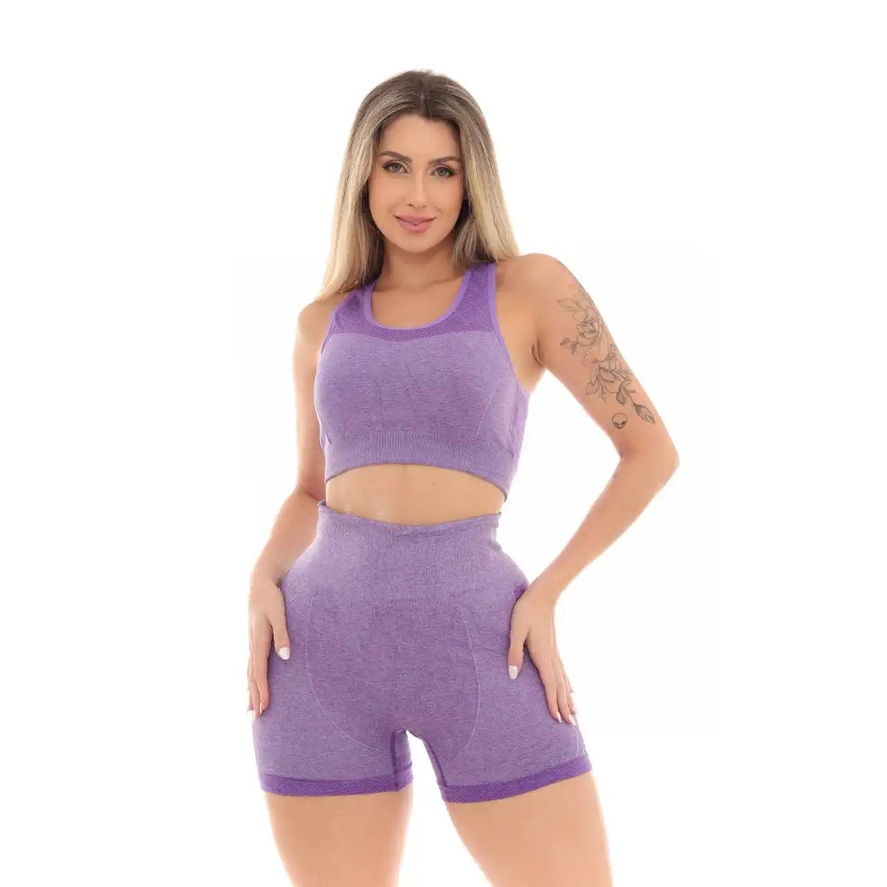 Conjunto Fitness Top e Bermuda Cintura Alta Roxo