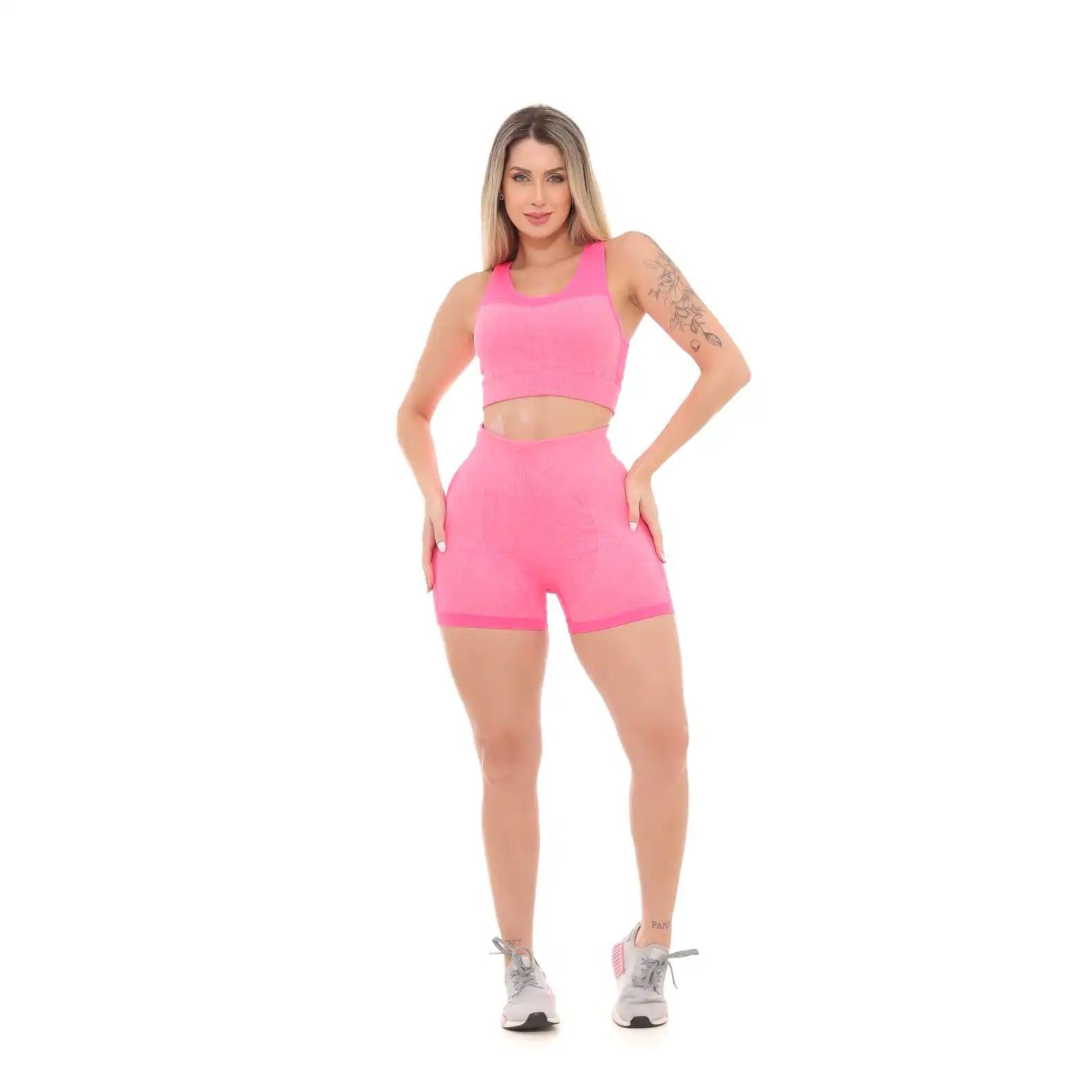 Conjunto Fitness Top e Bermuda Cintura Alta Rosa