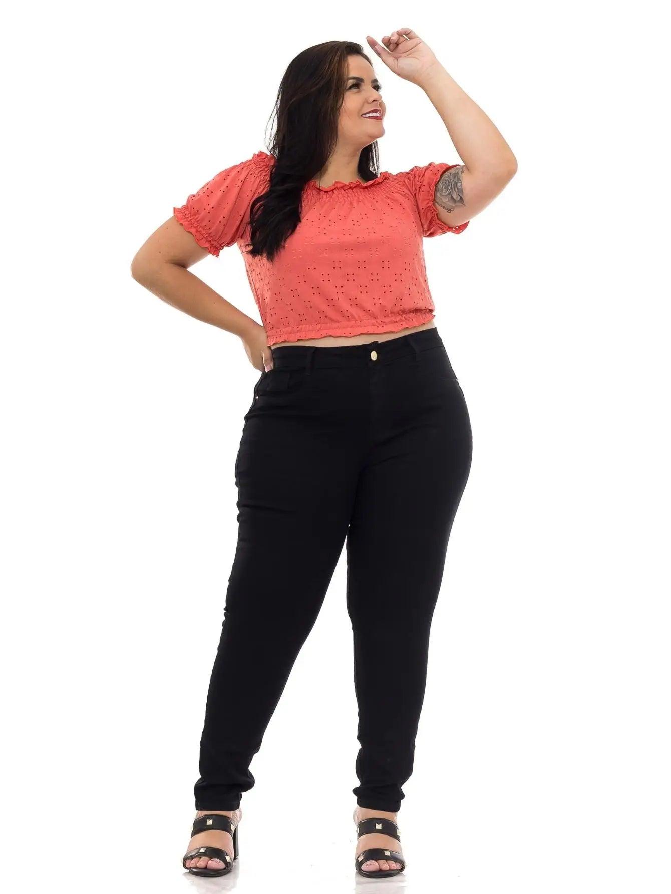 Calça Skinny Feminina Plus Size Preta com Cintura Alta