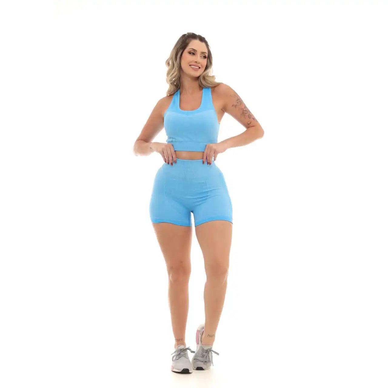 Conjunto Top e Bermuda Fitness Cintura Alta Azul Menta