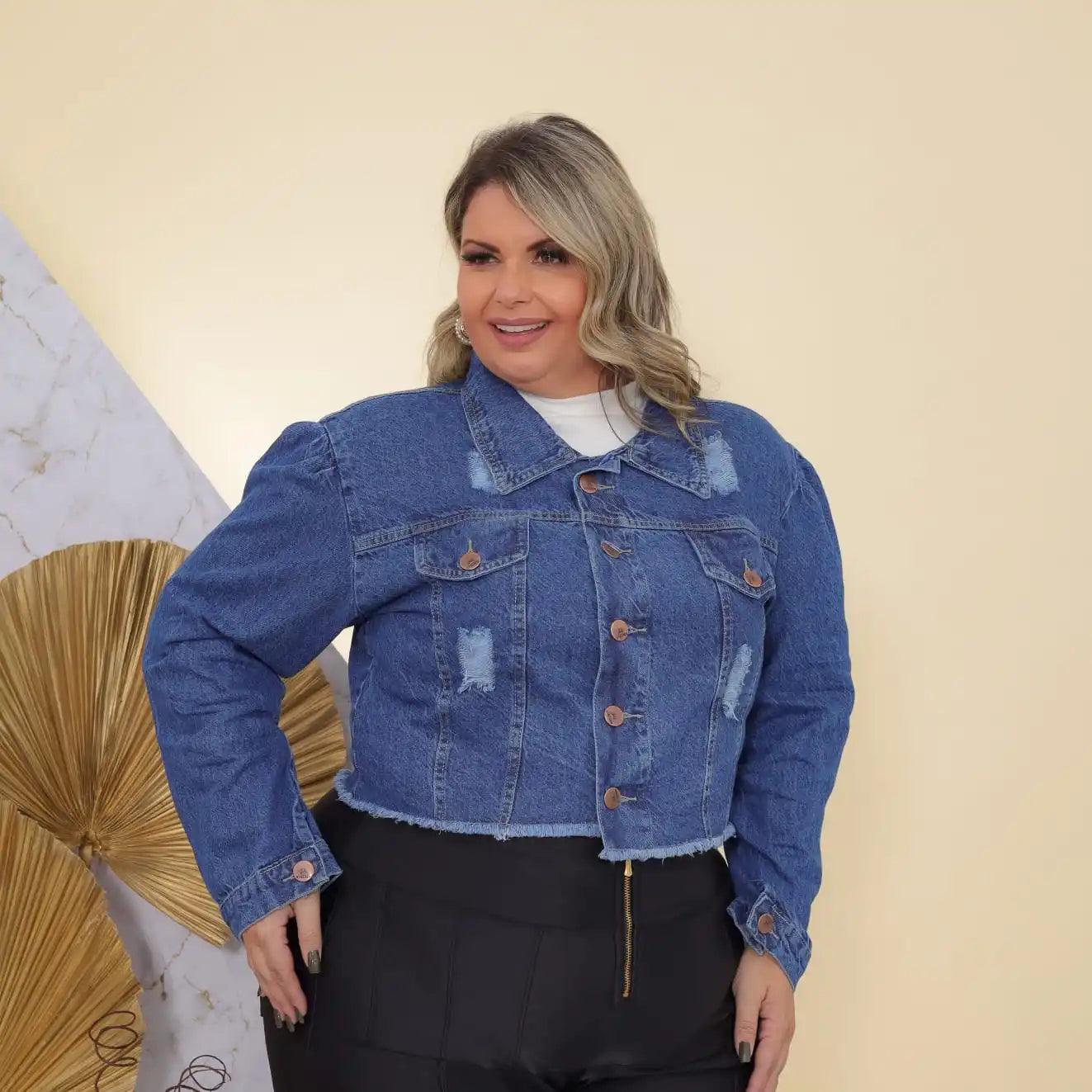 Jaqueta Jeans Feminina Plus Size Azul Escura