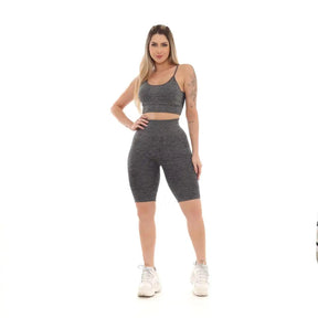 Conjunto Fitness Feminino - Top e Bermuda Cinza Escuro