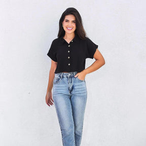 Blusa Cropped Social Feminina em Viscolinho