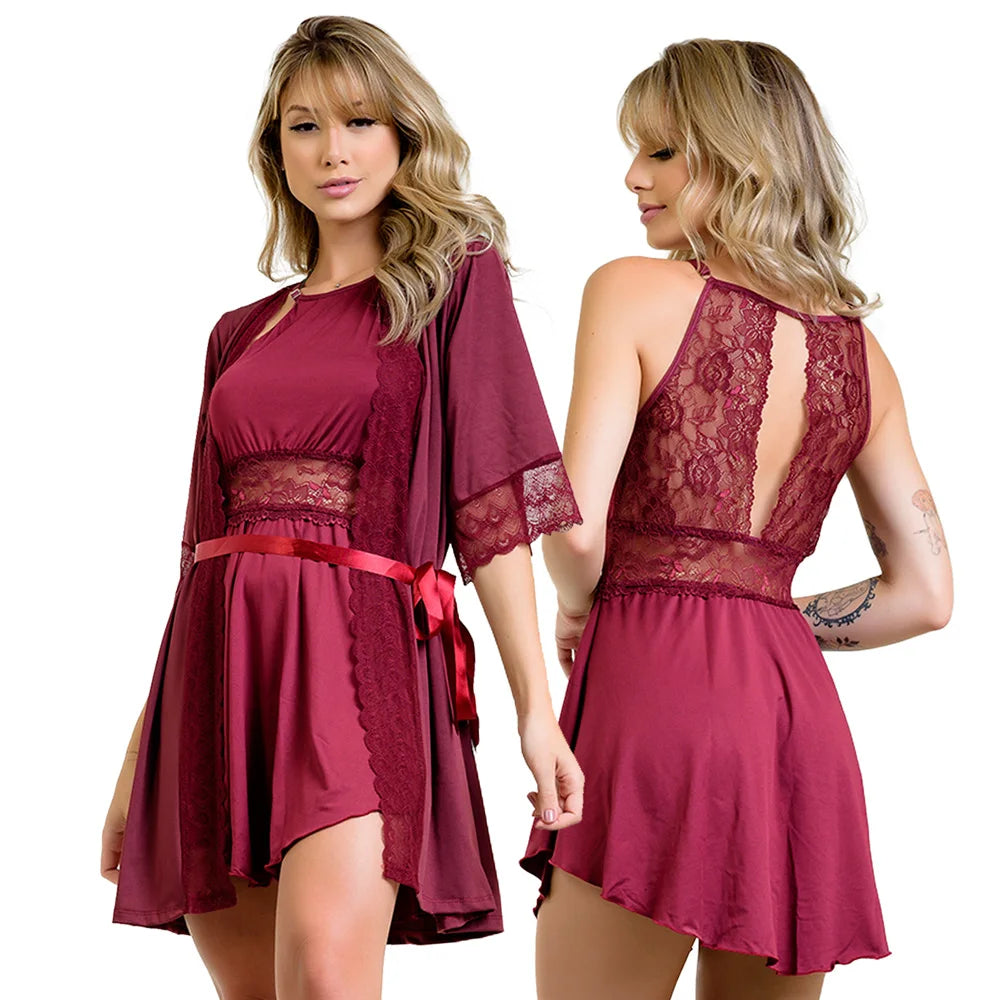 Kit Lingerie Feminina com Robe e Camisola em Microfibra e Renda
