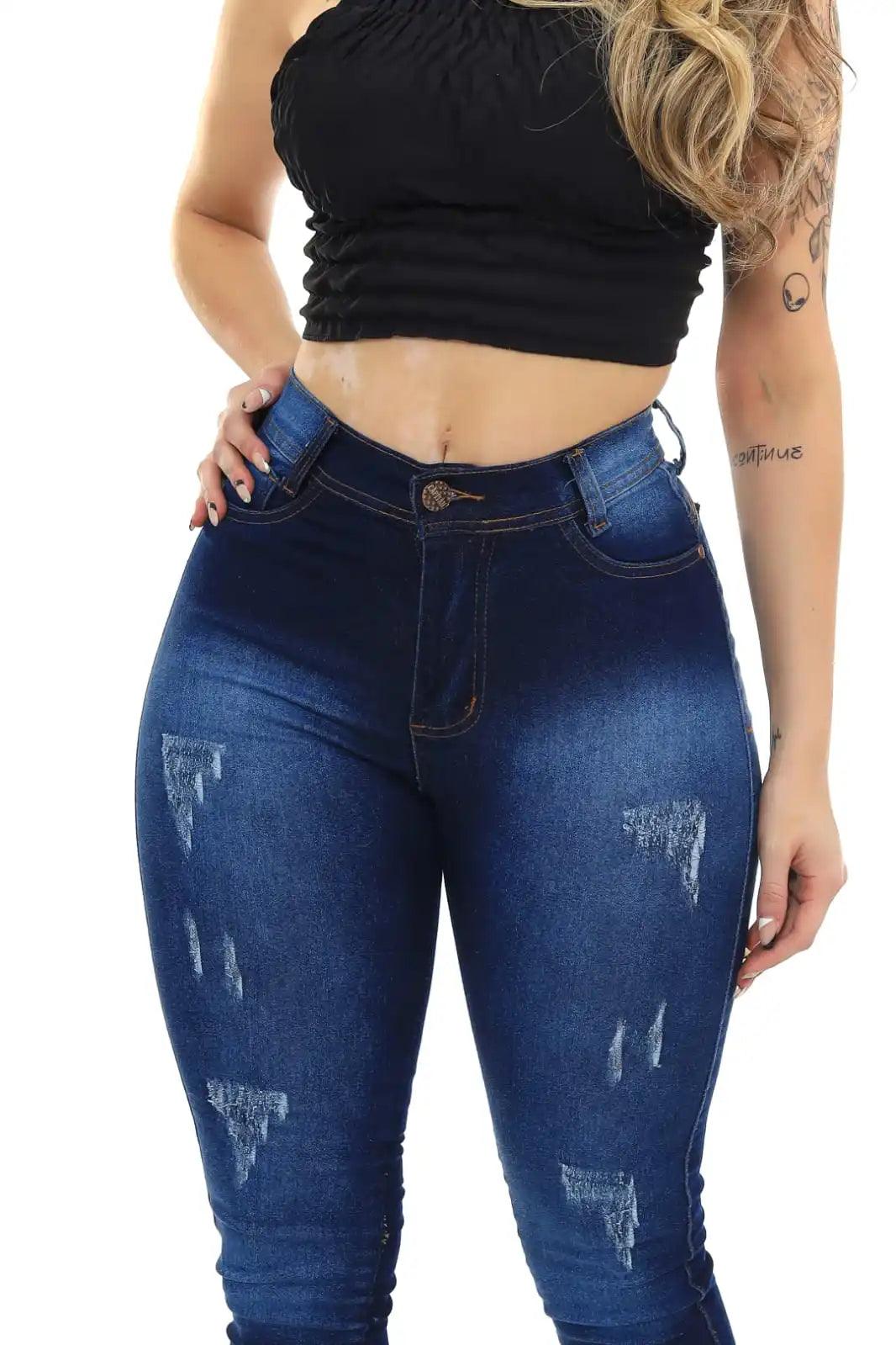 Calça Jeans Skinny Azul com Puídos e Cintura Alta - Milaa