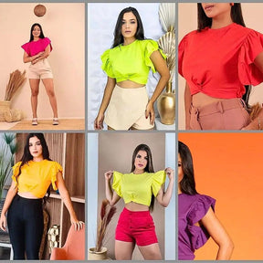 Blusa Cropped Interligada com Mangas Curtas