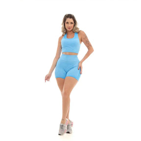 Conjunto Top e Bermuda Fitness Cintura Alta Azul Menta