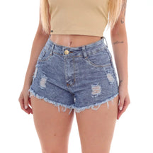 Shorts Jeans Feminino Azul Marmorizado com Puídos e Barra Desfiada