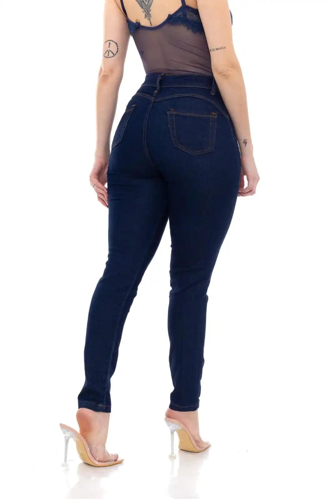 Calça Jeans Feminina Skinny Azul Escuro Cintura Alta Básico