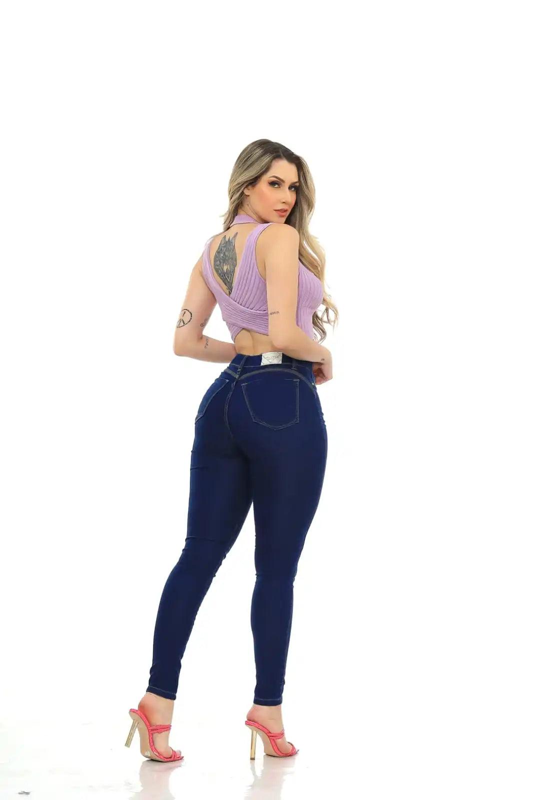 Calça Jeans Feminina Skinny Azul com Nervuras - Milaa