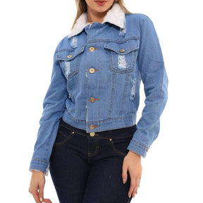 Jaqueta Jeans Cropped com Pelinhos