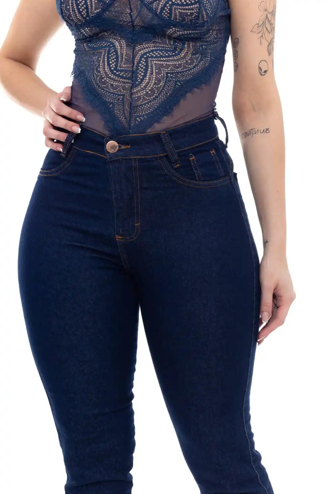 Calça Jeans Feminina Skinny Azul Escuro Cintura Alta Básico