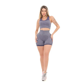 Conjunto Fitness Feminino - Shorts e Legging Cinza com Detalhes Pretos